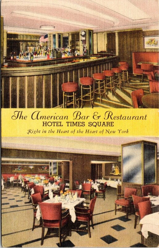 American Bar Restaurant Hotel Times Square New York NY Interior Linen Postcard