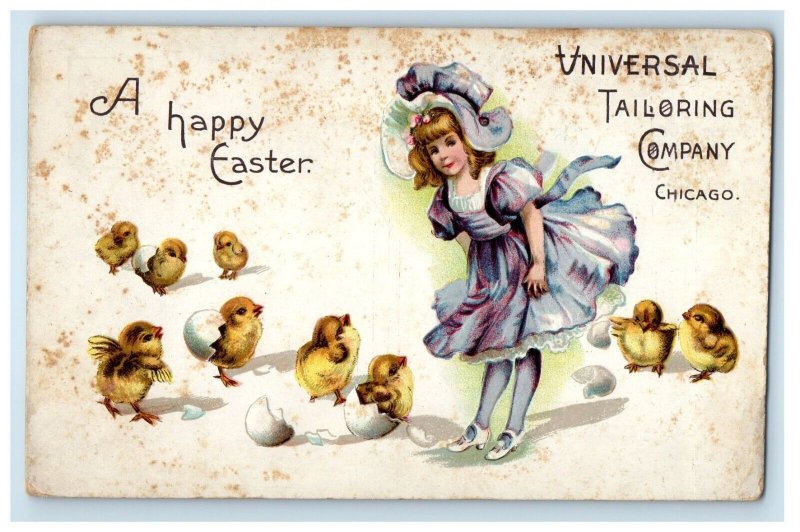 c1910's Happy Easter Greetings Girl Hatched Eggs Chicks Advertising Postcard