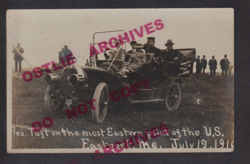 Eastport MAINE RPPC 1910 PRESIDENT TAFT Visit AMERICAN FLAGS Brass Era ROADSTER