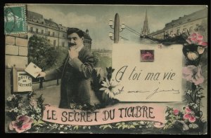 Le Secret du Timbre. Language of stamp placement. Vintage French postcard by ELD