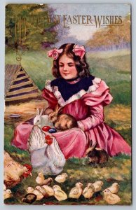 With Best Easter Wishes, Girl, Bunny Rabbits, Hens & Chicks, Antique Postcard