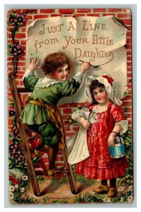 Vintage 1910's Greetings Postcard Cute Girl Holding Paint while Boy Paints Sign