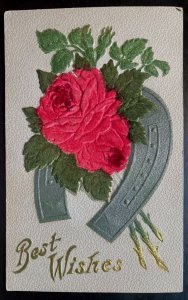 Vintage Victorian Postcard 1901-1910 Best Wishes Velvet Rose & Horse Shoe