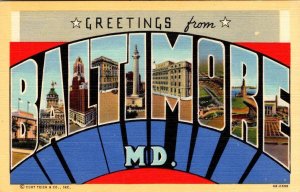 MD, Maryland BALTIMORE LARGE LETTER LINEN Greetings ca1940's Curt Teich Postcard