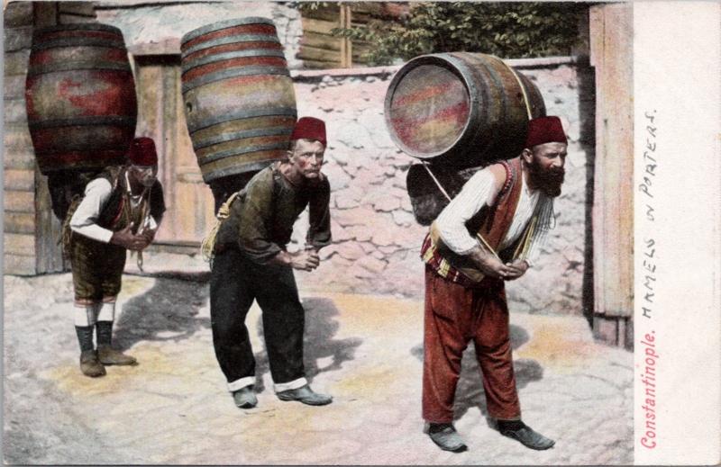 Constantinople Istanbul Workers Carrying Barrels Unused Antique Postcard E18