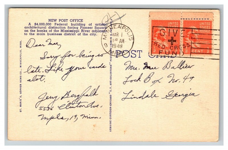 Vintage 1949 Postcard American Flag US Post Office Minneapolis Minnesota