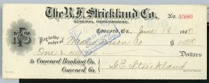 1910 R.F. Strickland Co. General Merchandise Concord Ga Check $1.50  A100