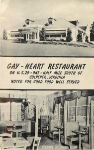 Roadside Postcard Interior/Ext. Gay-Heart Restaurant Diner US 29 Culpeper VA