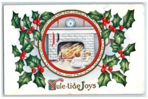 c1910's Christmas Children Fireplace Stockings Holly Berries Antique Postcard
