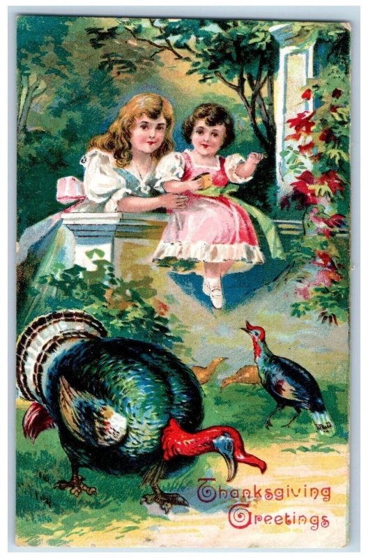 Thanksgiving Postcard Greetings Little Girl Feeding Turkey Embossed c1910's