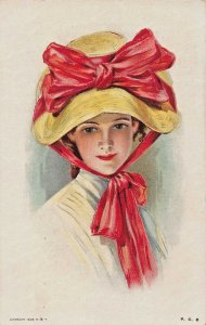 BEAUTIFUL YOUNG WOMAN-LARGE PERIOD YELLOW HAT-LARGE RED RIBBON 1910 POSTCARD