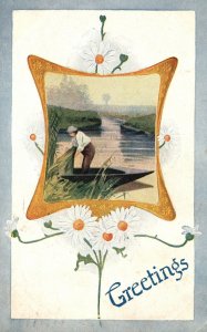 Vintage Postcard 1912 Greeting Card Man Boating on Lake Scene Flowers Framed