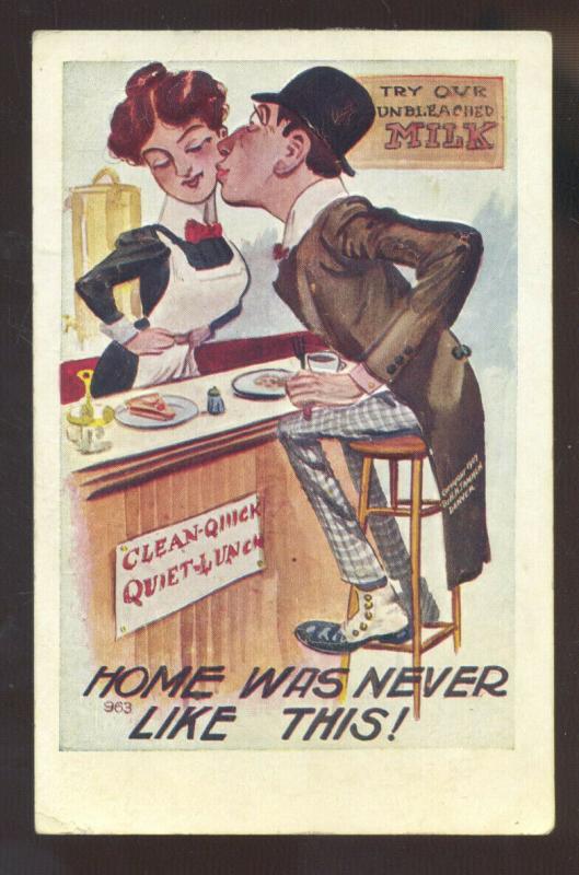HOME WAS NEVER LIKE THIS RESTAURANT WAITRESS VINTAGE COMIC POSTCARD