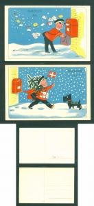 Denmark. 2 Christmas Card 1950es. Boy, Postman Mail Pick Up, Mailbox,Dog,Flag.