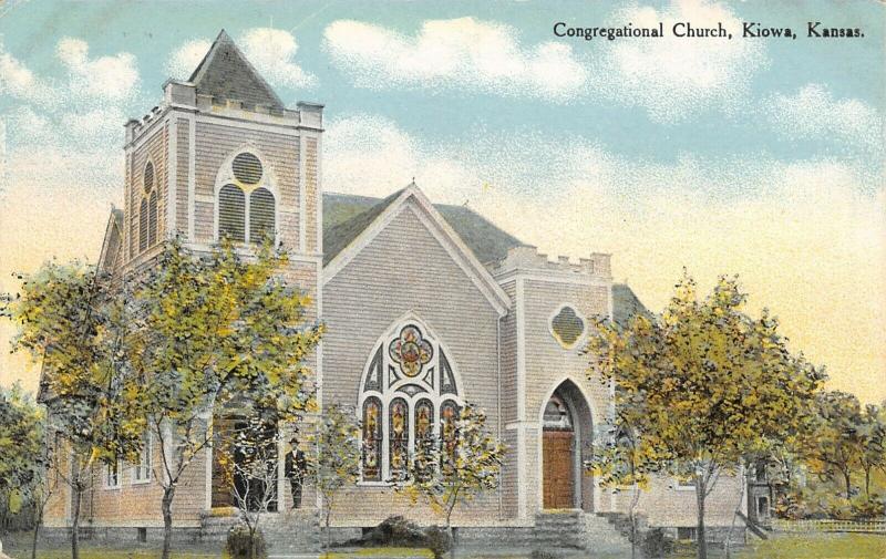 Kiowa Kansas~Congregational Church~Stained Glass Windows~1913 Postcard 