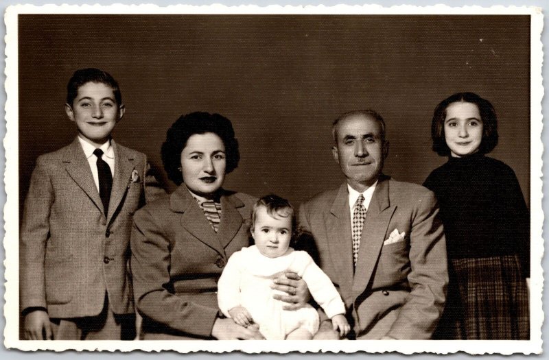 Family Picture Portrait Mother Father & Three Children, Real Photo RPPC Postcard