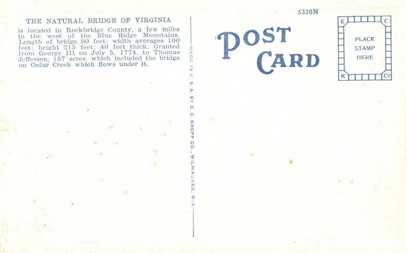 Vintage Postcard 1920's Natural Bridge Rockbridge County Virginia VA