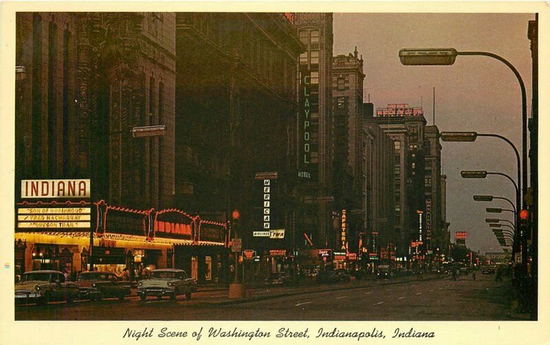 Indianapolis Indiana Night Neon Theater Marquee Washington Postcard Teich 11688 