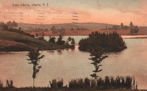 Vintage Postcard Lake Overlooking Mountains Scenic Sunset Liberty New York NY