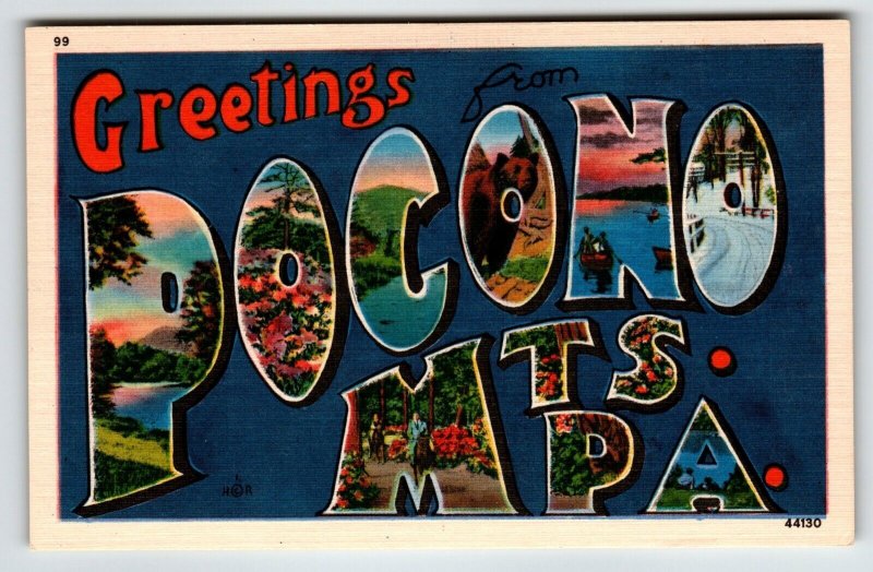 Greeting From Pocono Mts PA Large Letter Postcard Pennsylvania Linen Unused C T