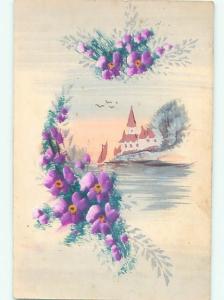 Pre-1907 Handmade One-Of-A-Kind Postcard CHURCH ON WATER WITH FLOWERS AC6561