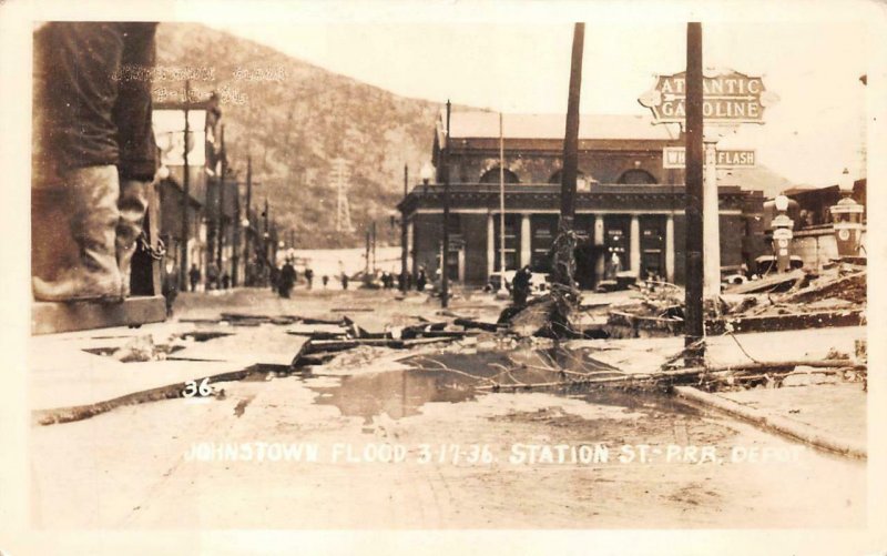 RPPC JOHNSTOWN FLOOD ATLANTIC GAS STATION TRAIN DEPOT REAL PHOTO POSTCARD (1936)