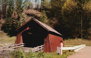 Oregon, View Fisher Red School Covered Bridge Lincoln County OR Vintage Postcard