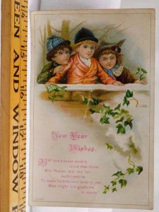 Victorian New Year's Trade Card Poem Children Snow Ivy Winter F38