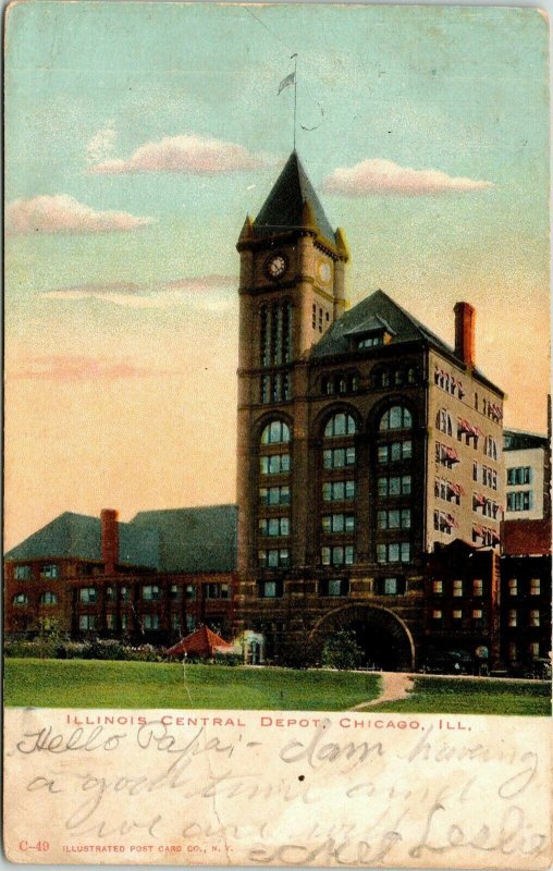 Illinois Central Depot Chicago IL Antique Postcard UDB PM Cancel WOB Note 