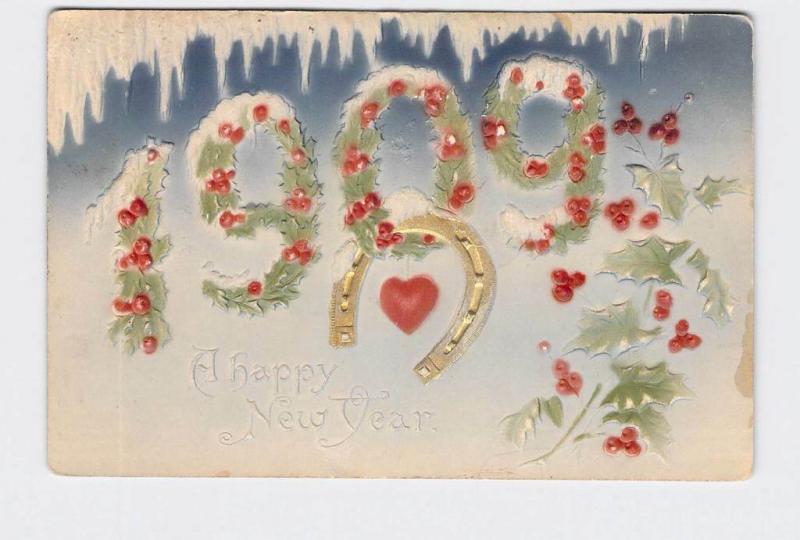 ANTIQUE POSTCARD NEW YEARS 1908 HOLLY SPRIGS HORSESHOE HEART ICICLE AIRBRUSHED E