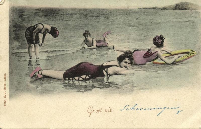 netherlands, SCHEVENINGEN, Ladies in Bathing Suit on the Beach (1902)