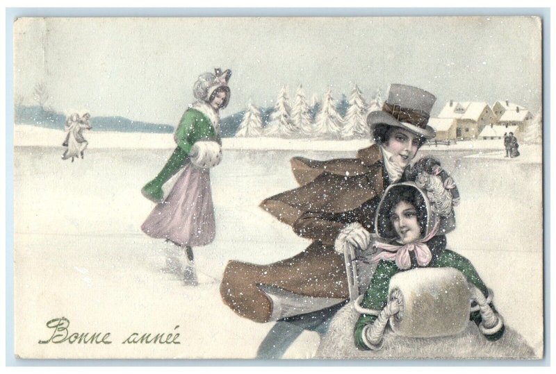 1912 New Year Bonne Anne Ica Skating Handwarmer Winter Scene Antique Postcard