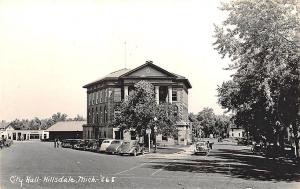 Hillsdale MI Street View City Hall Gulf Gas Station Old Cars RPPC Postcard