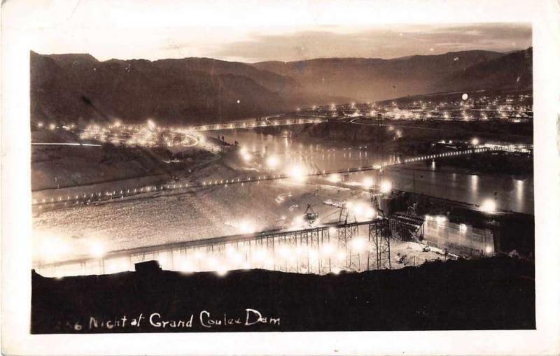 Grand Coulee Dam Washington Night Scene Real Photo Antique Postcard J53404