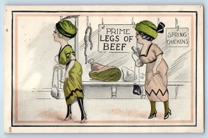 c1910's Two Women Meat Shop Prime Legs Of Beef Spring Chickens Antique Postcard