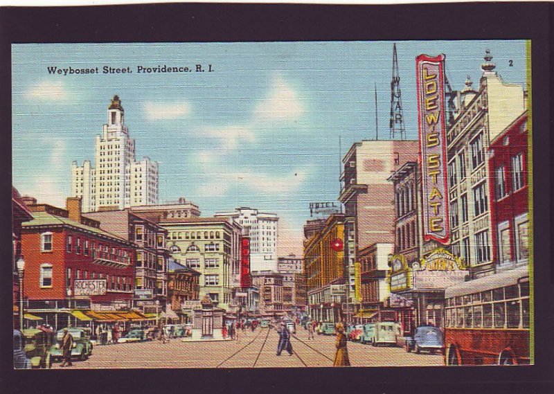 P1553 old unused postcard old cars bus signs etc weybosset st. providence R.I.