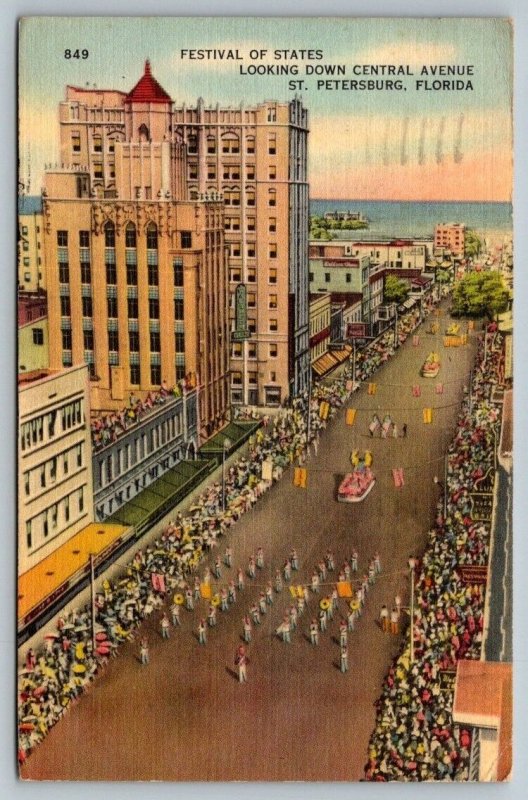 St. Petersburg  Florida   Festival of States  Central Avenue  Postcard  1941