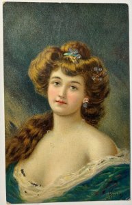 BEAUTIFUL WOMAN LONG HAIR-JEWELS-SIGNED HENRIOT-J C PARIS POSTCARD