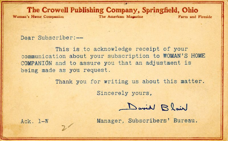 Private Mailing Card - Crowell Publishing Co., 1917