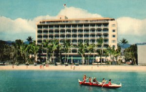 Vintage Postcard The Surf Rider Hotel Sport Of Hawaii' Ancient Kings Honolulu HI