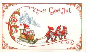 Sweden God Jul greeting card NOT postcard dwarfs gnomes sledge