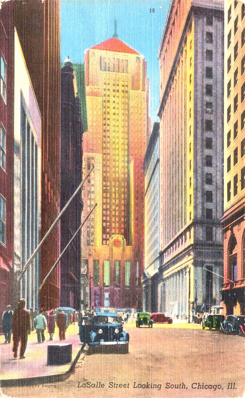 Chicago IL LaSalle Street Looking South Old Cars, linen Postcard