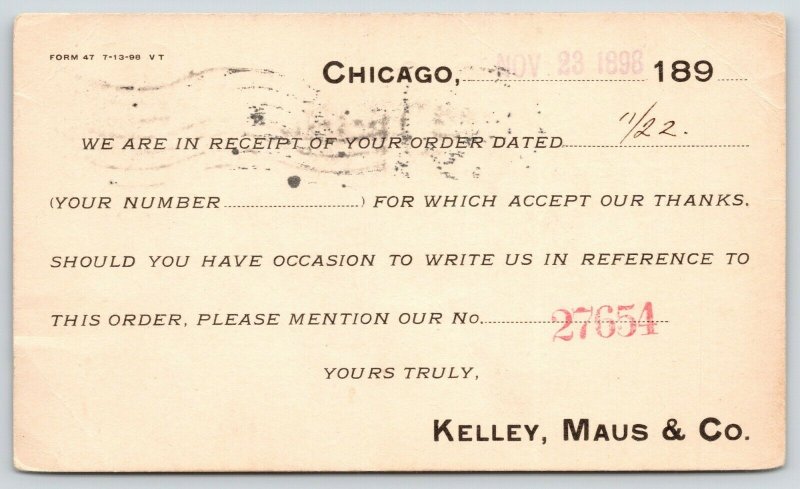 Chicago~Kelley Maus & Co Receipt~Heavy Hardware~Iron/Steel Equipment 1898