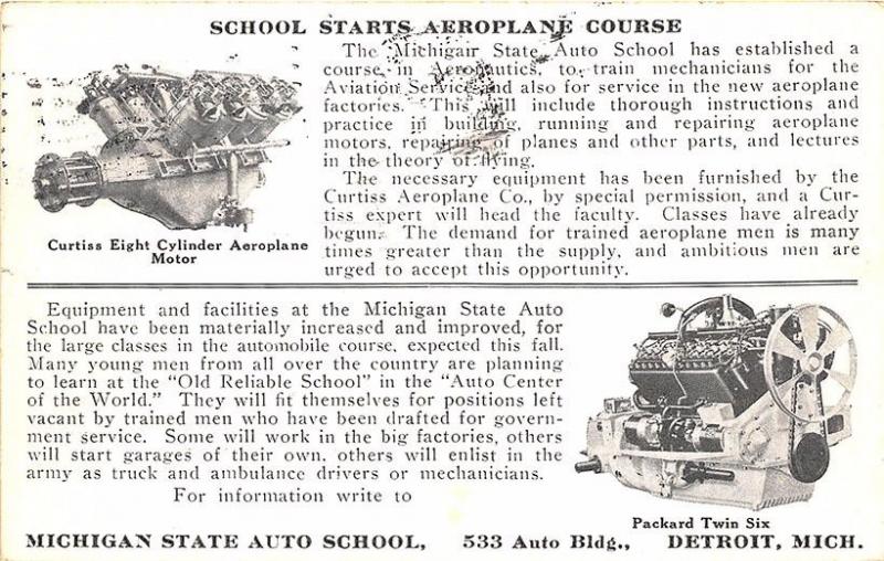 Detroit MI State Auto School Aeroplane Course Aeronautics Advertising Postcard