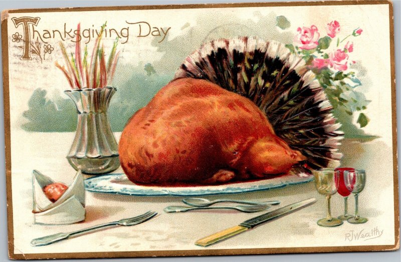 Postcard Thanksgiving Tuck 123 Signed RJ Wealthy Turkey on plate with feathers