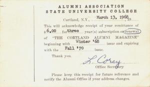 CORTLAND NY~ALUMNI ASSO STATE UNIVERSITY COLLEGE-MAGAZINE RENEWAL POSTCARD 1968