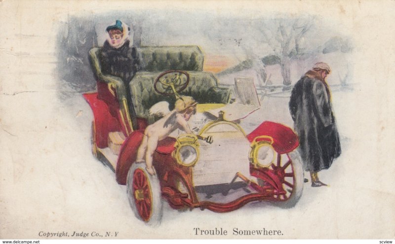 Romance Couple , Cupid & Broken down Car , Trouble Somewhere , 1912