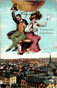 VINTAGE POSTCARD HANDSOME COUPLE FLYING BALLOON AERIAL VIEW OF CITY GESCH 1907