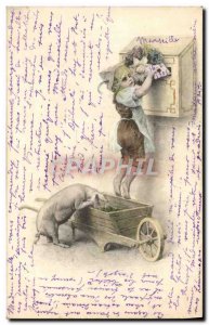 Old Postcard Fantasy Illustrator Child Pig Pig Mailbox