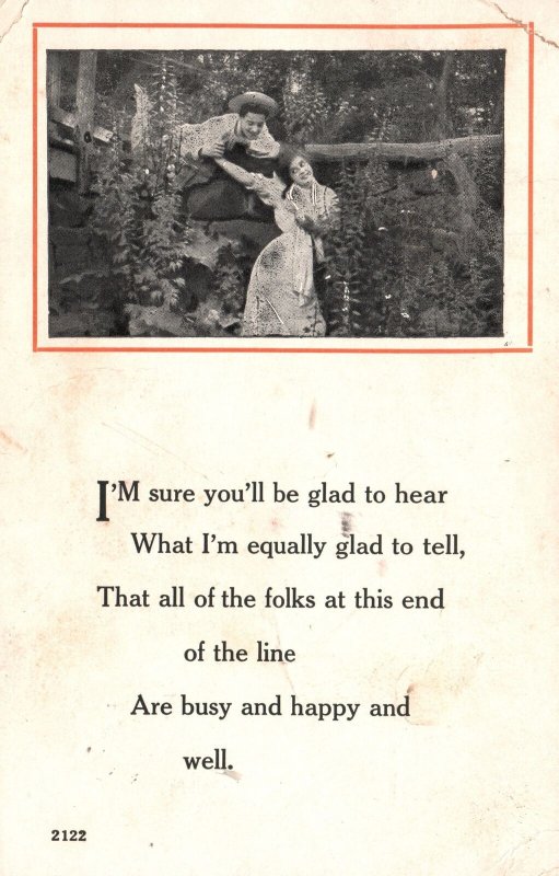 Vintage Postcard 1920's Lovers Couple At The Garden Dating Poem For Love